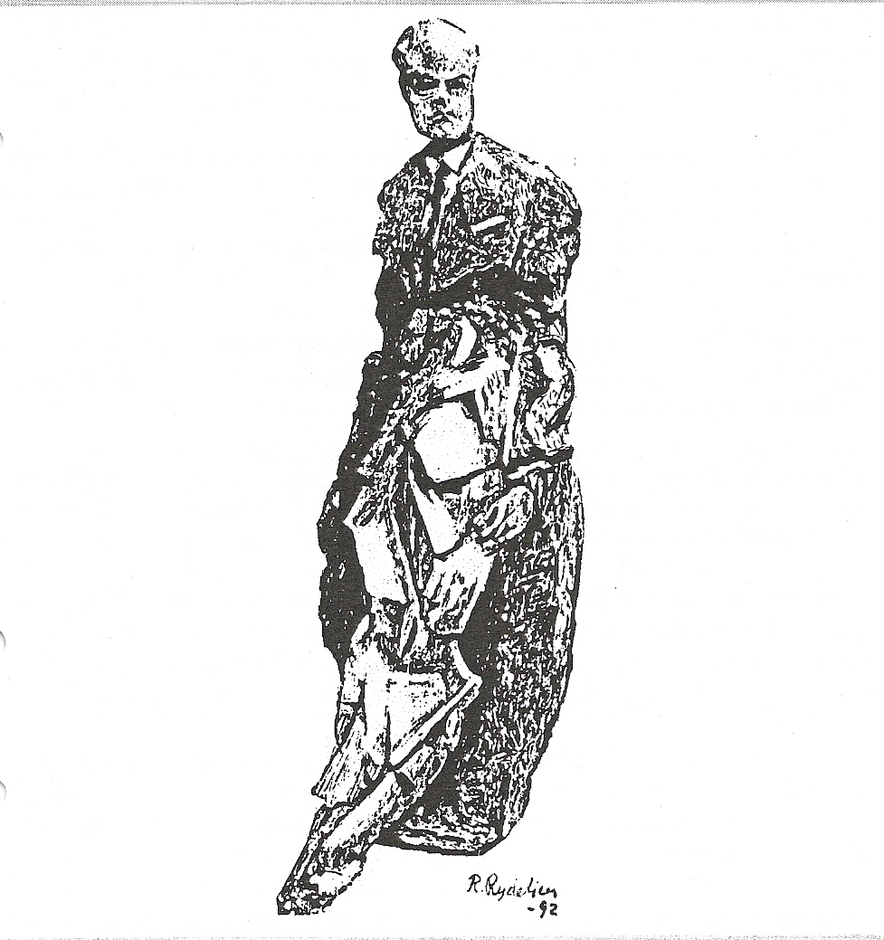 Rune Rydelius teckning av den staty av Jan Fridegård som han gjort och som står vid Västra Ringgatan i Enköping.